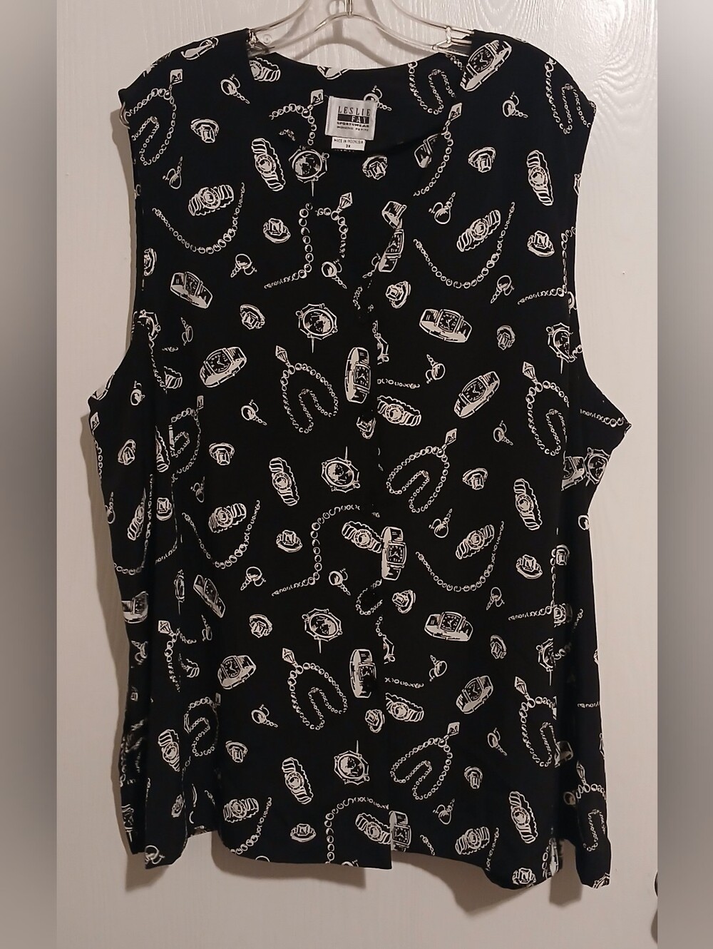 Vintage Leslie Fay Sportswear Watch Jewelry Print Sleeveless Top Size 3XL Petite